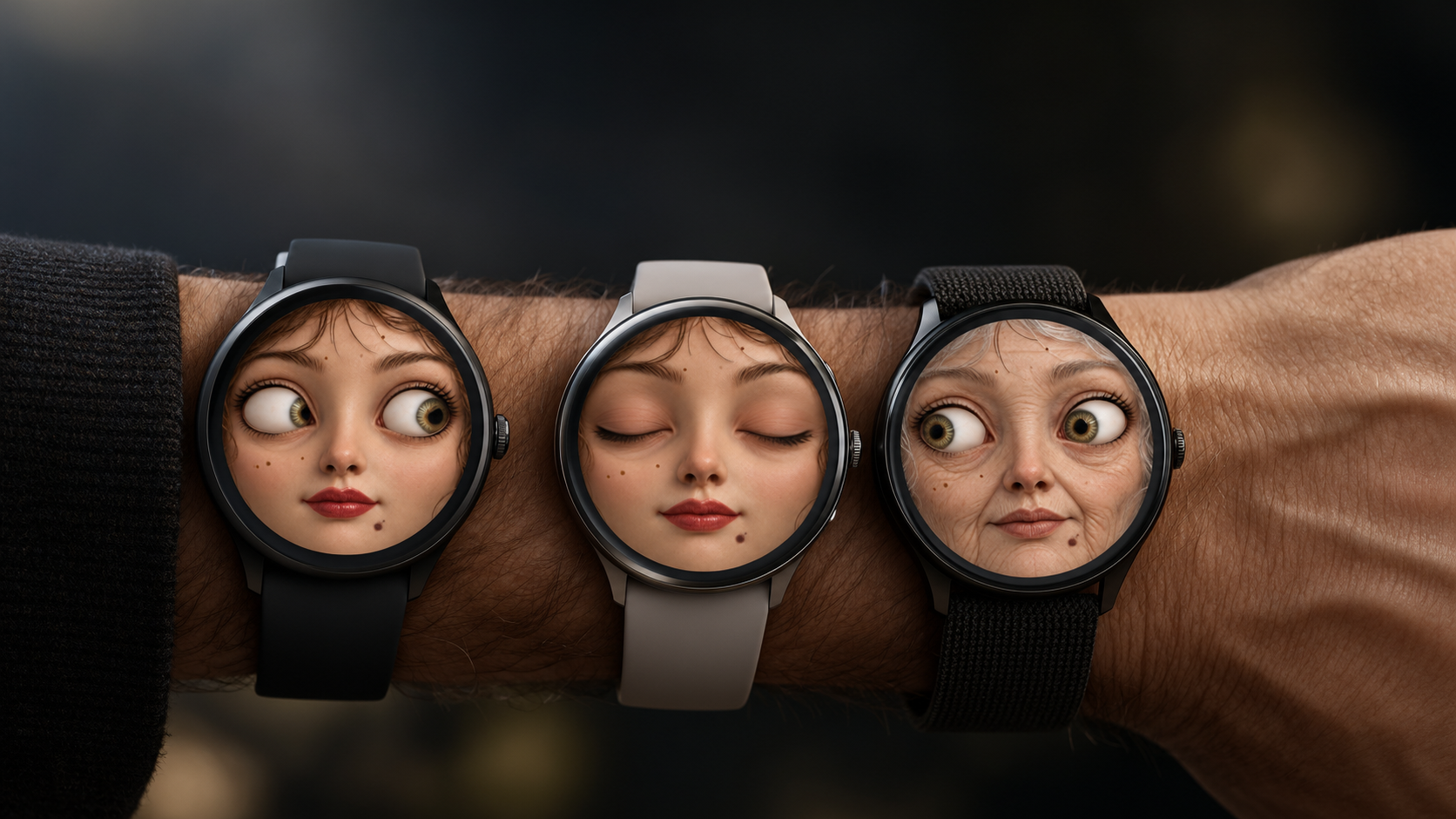 Three Wear OS watches displaying Face Watch Face, a watch face featuring an expressive illustrated human face